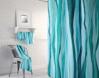Watercolor Aqua Shower Curtain with Optional Towels and Bath Mat