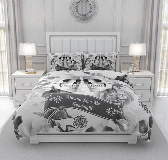 Skull Duvet Cover Or Comforter Gray Rose Garden Always Kiss Etsy