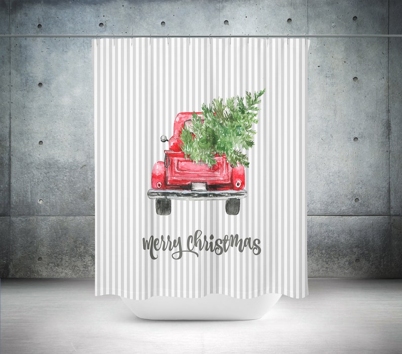 Red Truck Decor Christmas Shower Curtain Holiday Bathroom Etsy