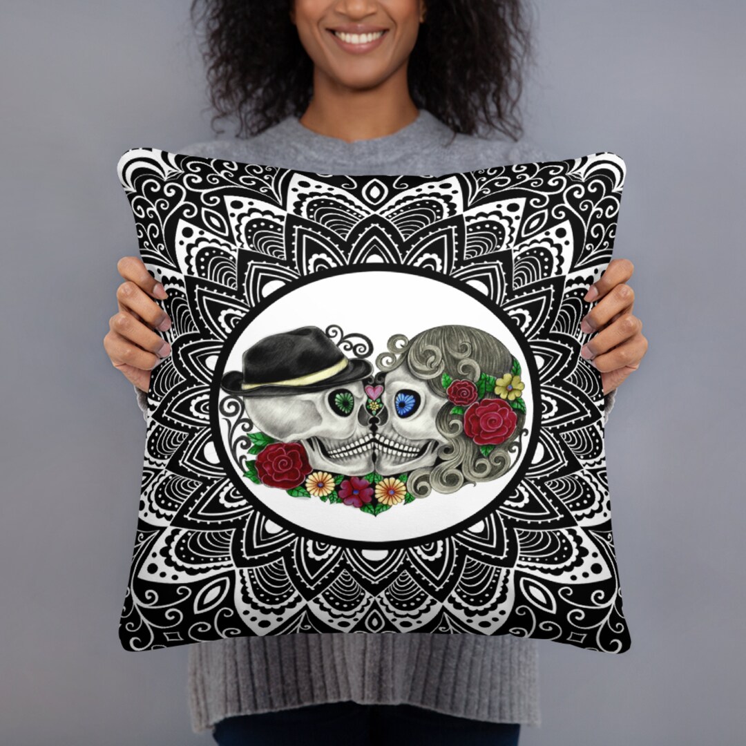 Sugar Skull Throw Pillow, Skull Pillows, Kissing Skulls, Mr and Mrs