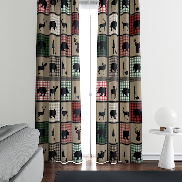 Rustic Woodland Window Curtains Bear Deer Buffalo Plaid