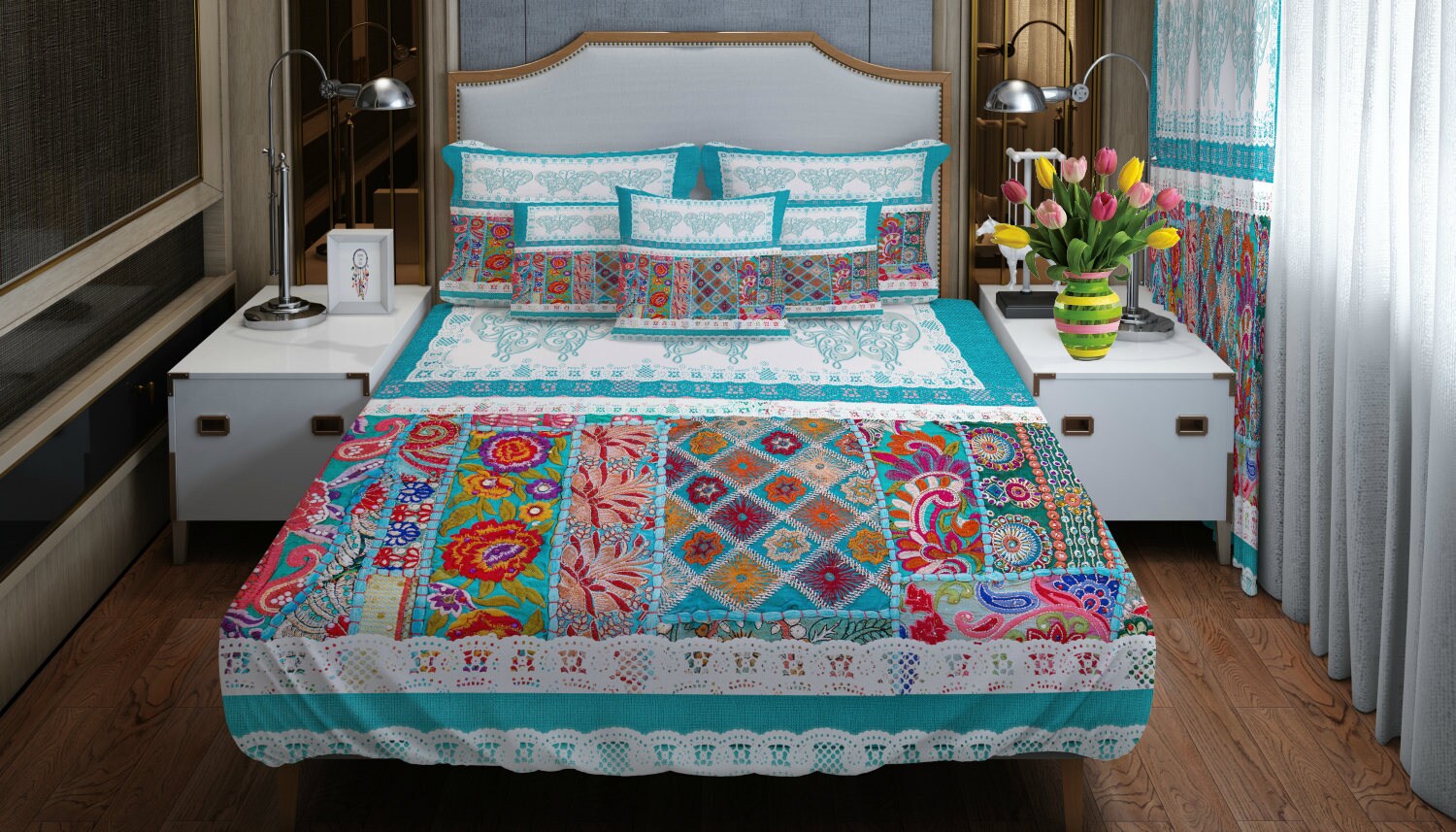 Shabby Cottage Turquoise Comforter Or Duvet Cover Boho Chic Etsy