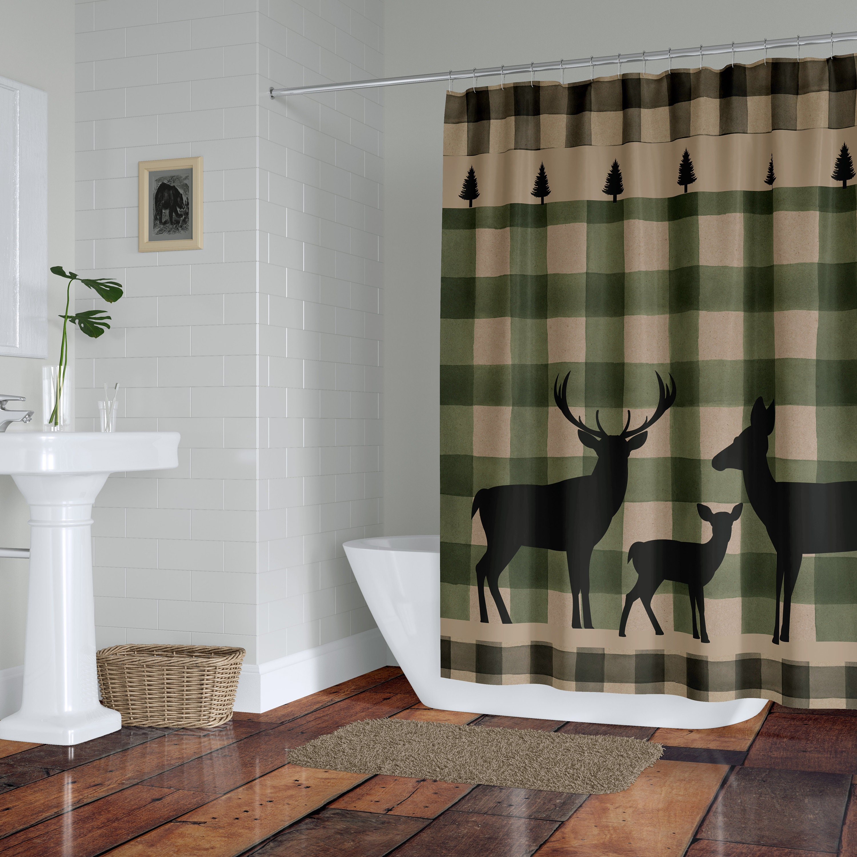 Rustic Plaid Deer Shower Curtain Optional Bathroom Set Green Etsy