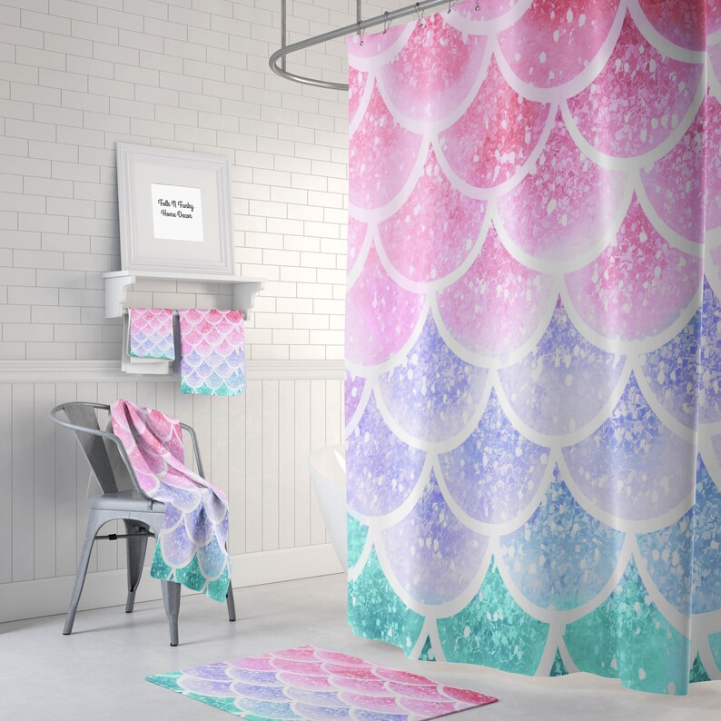 Pastel Mermaid Scales Shower Curtain Bath Towel Mat Image 0
