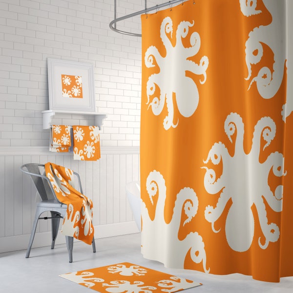 Octopus Shower Curtain ,Bathroom Set, Bath Mat, Towels (Optional) Orange