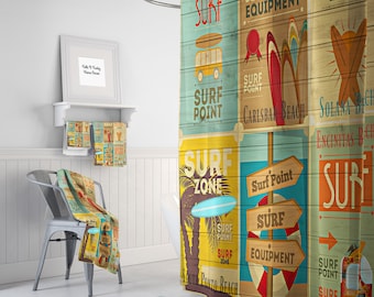 May include: A colorful shower curtain with a surf theme. The curtain features a woodgrain background with various surf-related graphics, including surfboards, a surfboard shop, and signs that say "Surf Zone", "Surf Point", and "Surf Equipment".