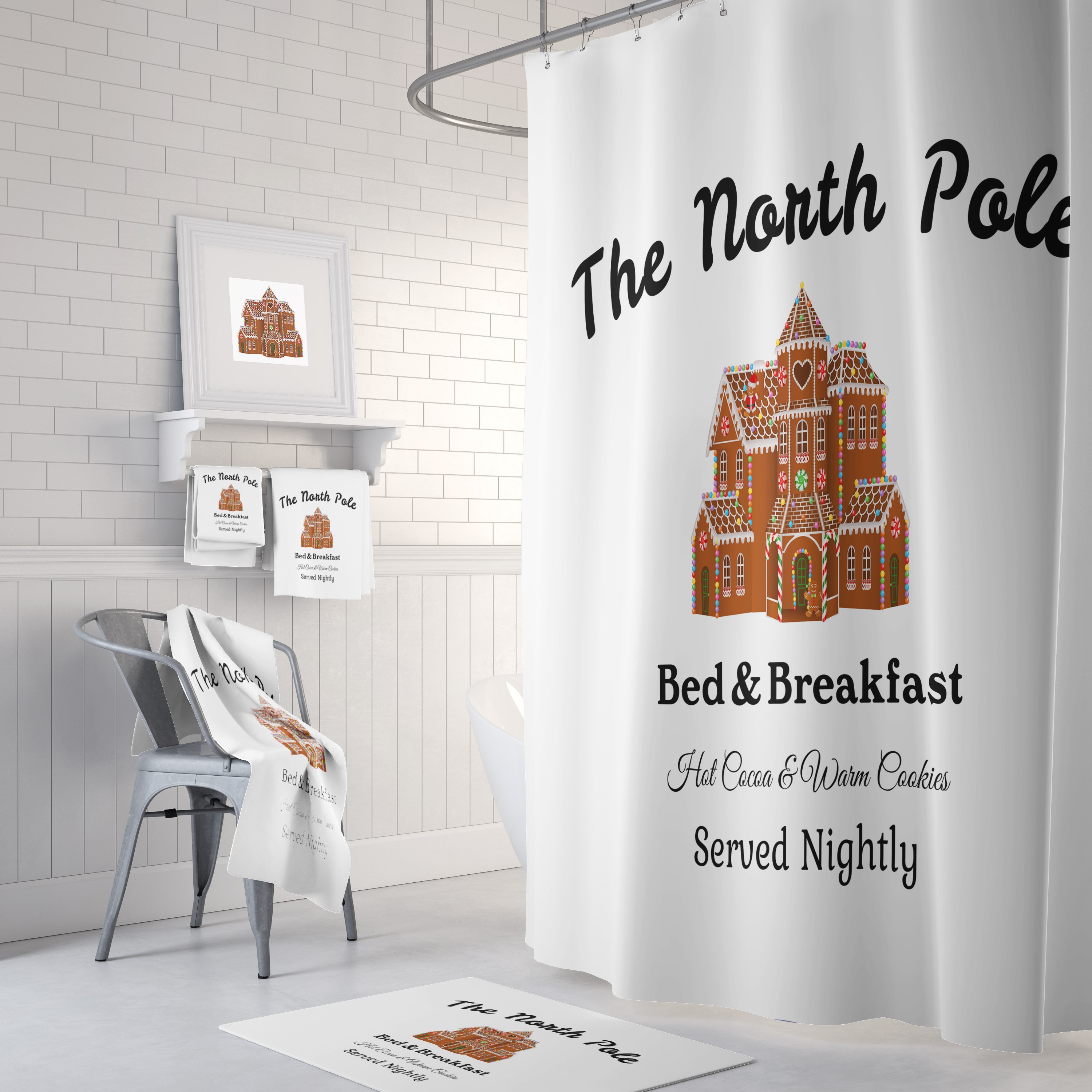 North Pole Christmas Shower Curtain, Holiday Bathroom Decor Option…