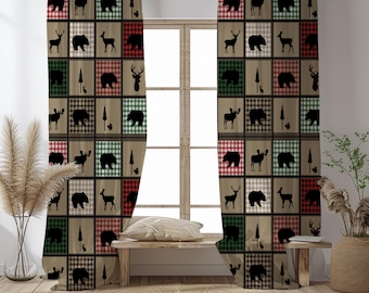 Rustic Woodland Window Curtains Bear Deer Buffalo Plaid Cabin Drapes Blackout or Sheer Folk and Funky