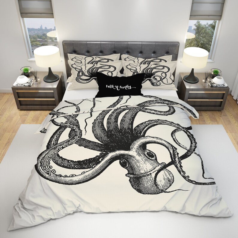 Octopus Bedding Duvet Cover Set Cream Ivory Black Twin Full Queen King Custom Curtains Available
