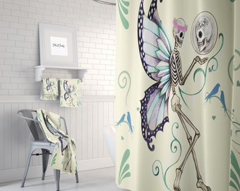 Shower Curtain , Sugar Skull, Skull Day Of The Dead, Bath Mat, Towels,  Skeletons, Lets Talk It Over" Pale Yellow Butterfly Skull