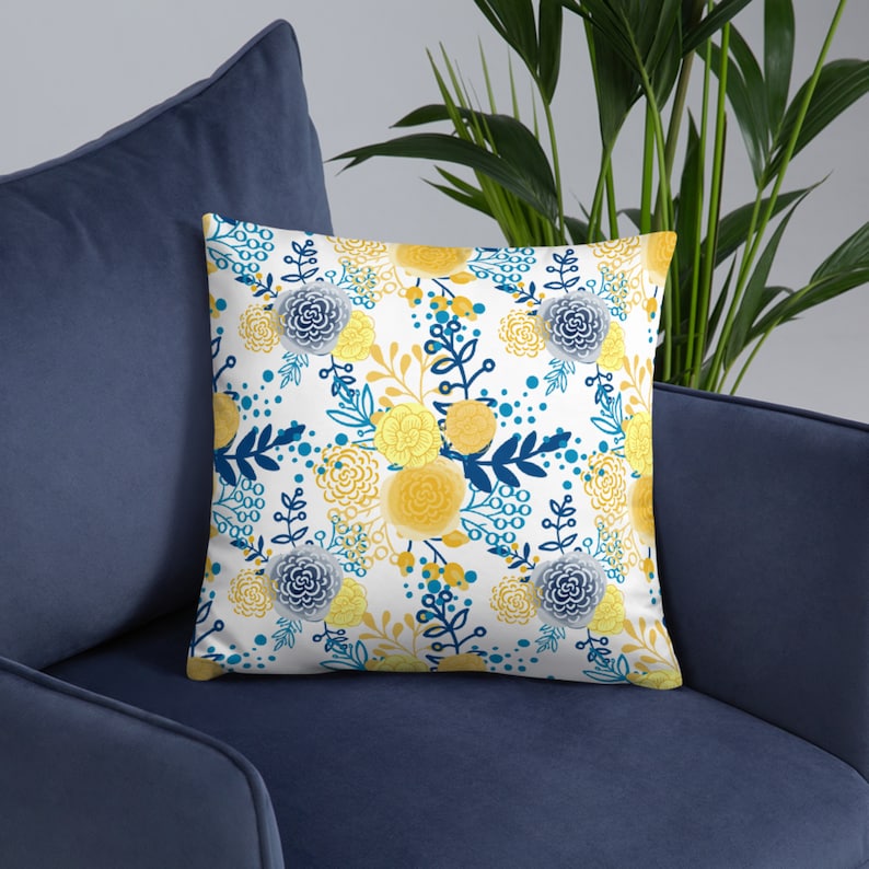 Floral Throw Pillow Blue and Yellow Pillows Accent Pillow Etsy