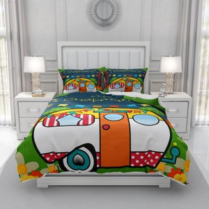 Personalized Retro Camper Bedding Comforter Set or Duvet Cover with Pillow Shams Vintage Camper, Glam Camping, RV Bedding image 2