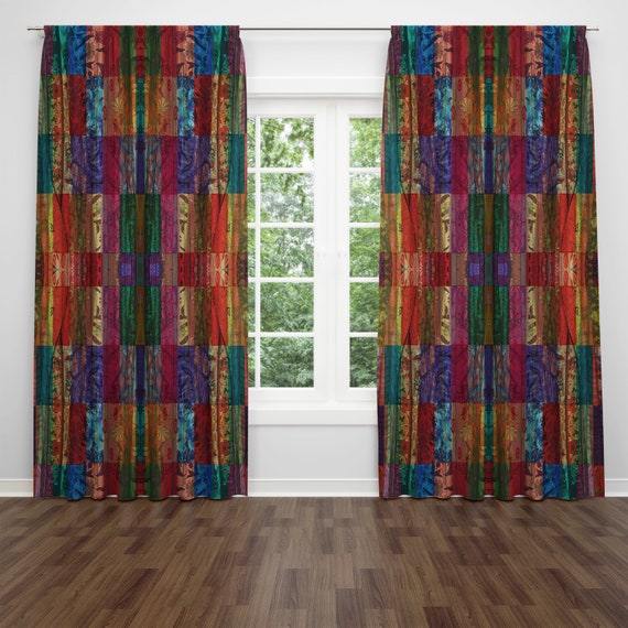 Faux Patchwork Window Curtain, Boho Curtain Panels, Colorful Drapes