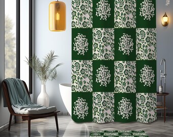 Cortina de ducha con cuadros botánicos verdes – Decoración de baño rústica