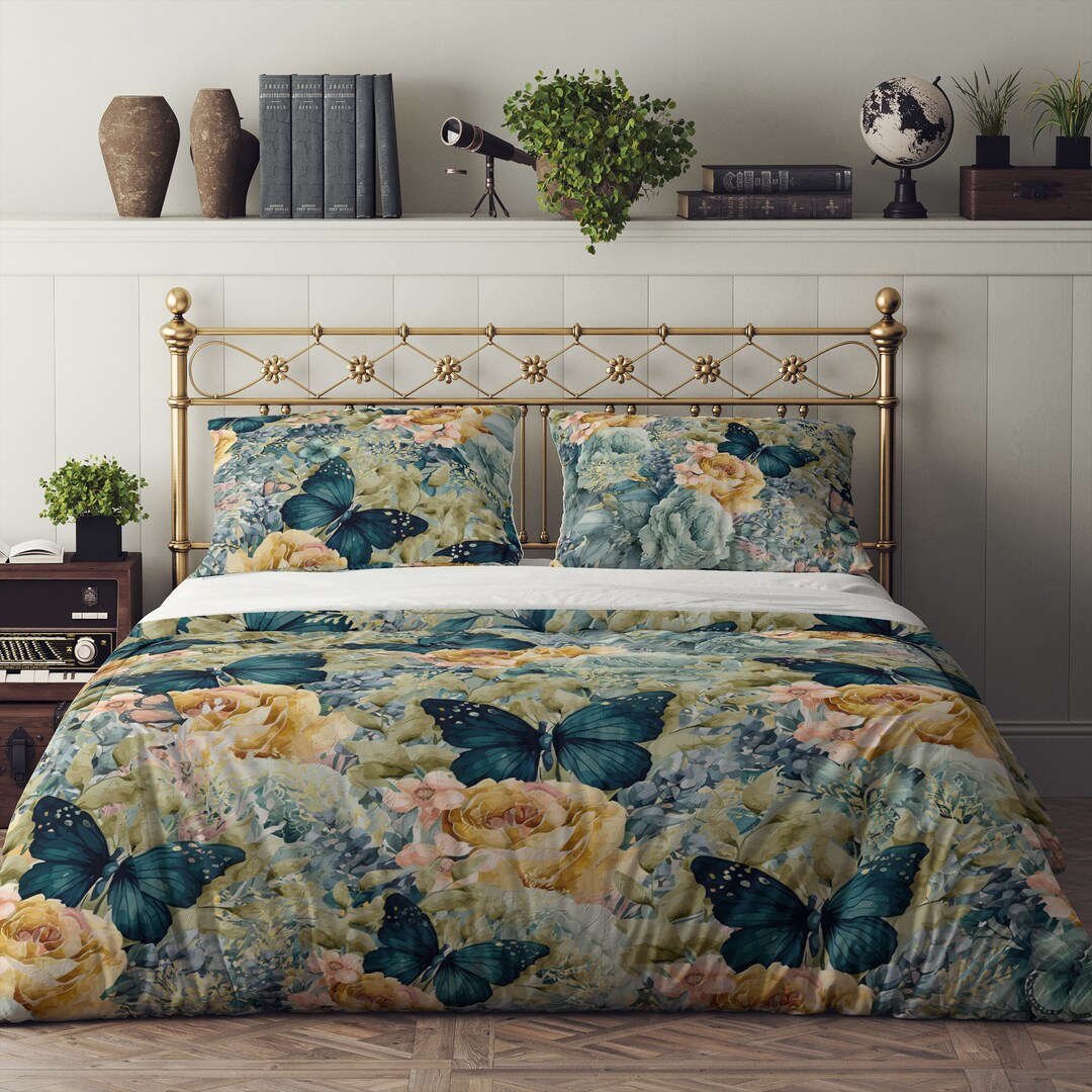 Green Butterfly Floral Bedding Set Reversible Comforter or Etsy