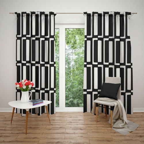 Midcentury Curtain Panel Black White Leaf by Wren_leyland Etsy