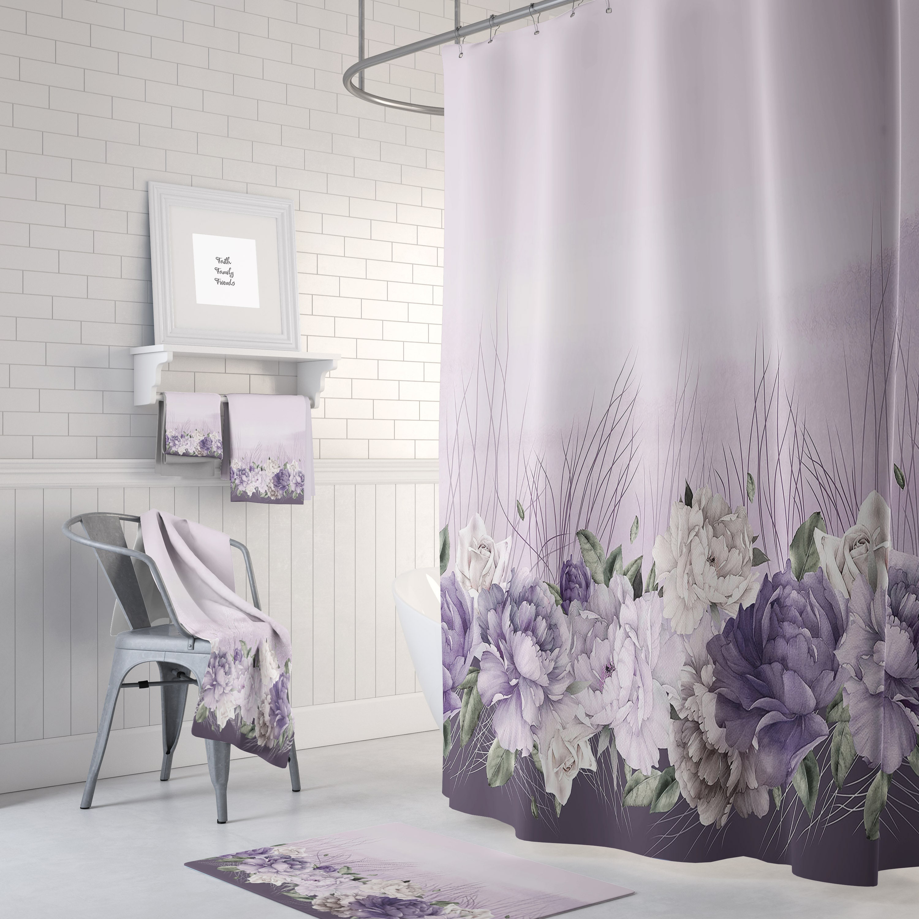 3D Lavender Flower Bathroom Shower Curtain Bath Mat Toilet Cover