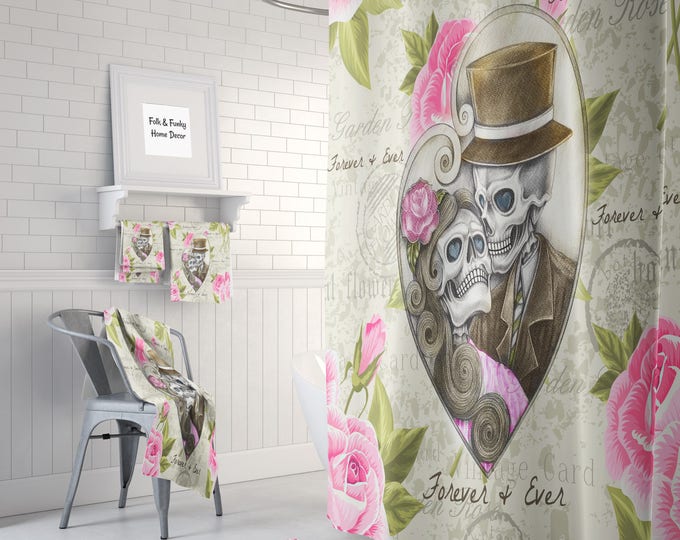 Forever & Ever  Skull Shower Curtain  Sugar Skulls  Optional Bath  Mat Bathroom Set Sugar Skull Beige Pink