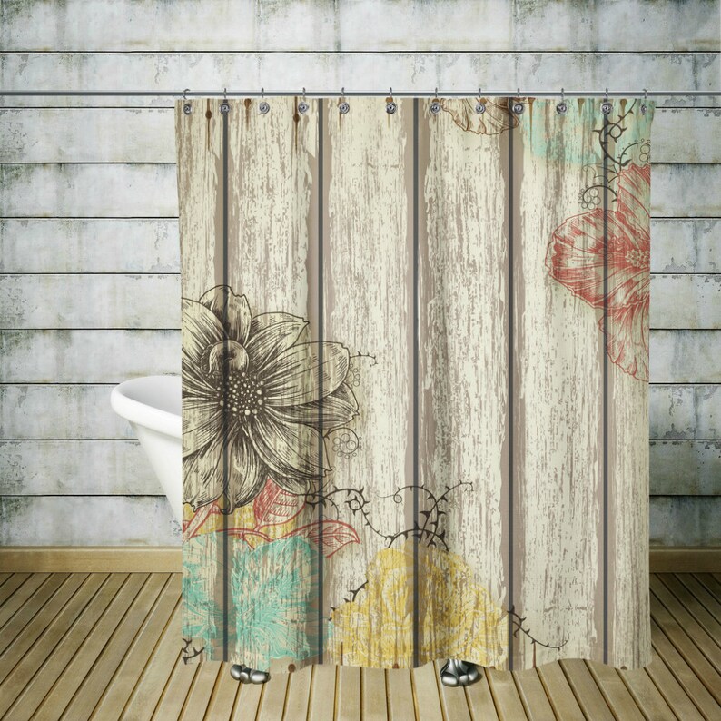Shower Curtain Rustic Barn Wood Floral Etsy