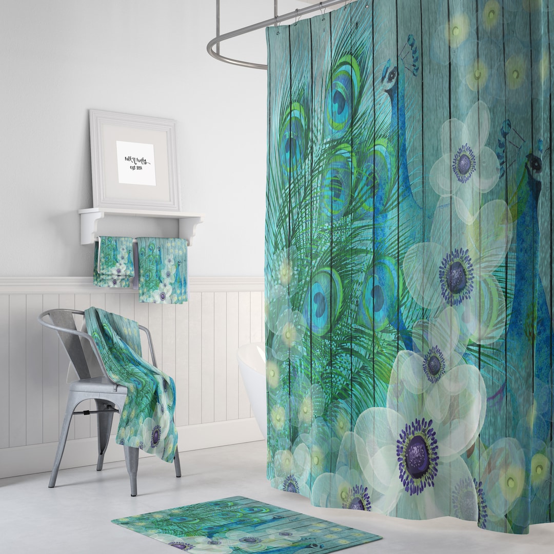 Peacock Shower Curtain, Teal Floral, Faux Wood , Peacock Decor, Peacock Feathers - Etsy