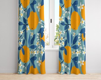 Kitsch Oranges Window Curtains Blue and Orange Fruit Curtains