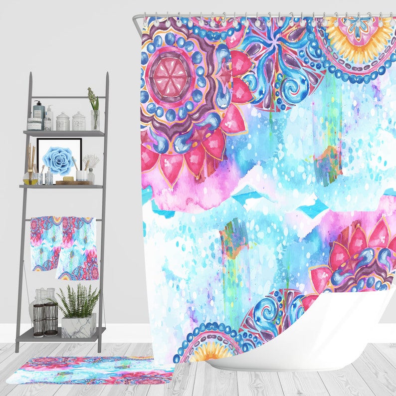 Boho Eclectic Watercolor Bathroom Decor Mandala Shower Etsy