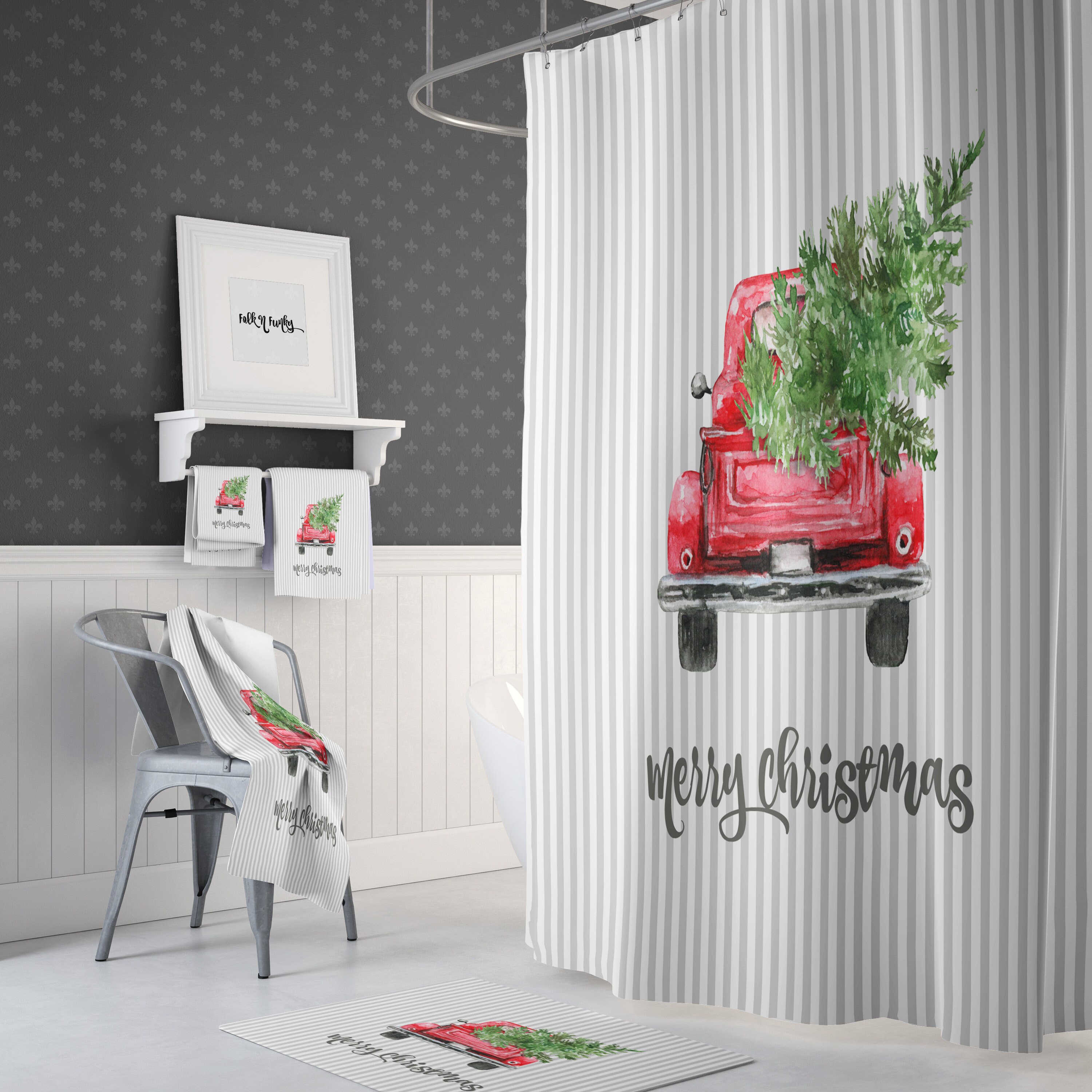 Shower Curtain Red Truck with Christmas Tree Gray Stripes Etsy