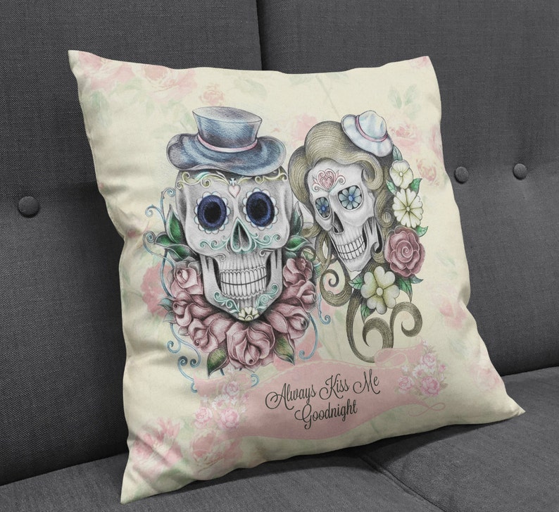 Sugar Skull Throw Pillow Skeletons Always Kiss Me Goodnight Soft Cream Rose Floral image 2