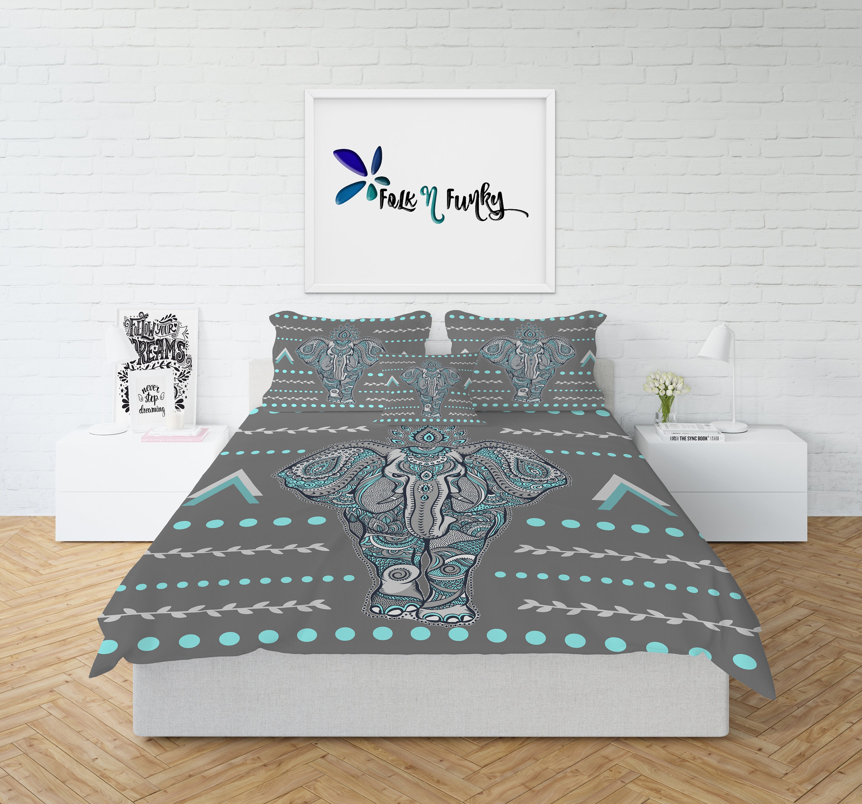 Gray Teal Elephant Comforter Or Duvet Cover Set Twin Full Queen