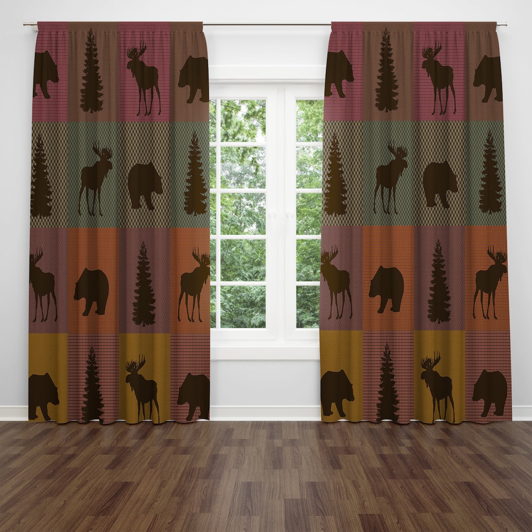 Woodland Animals Window Curtain, Bear and Moose Curtain Panels, Lodge