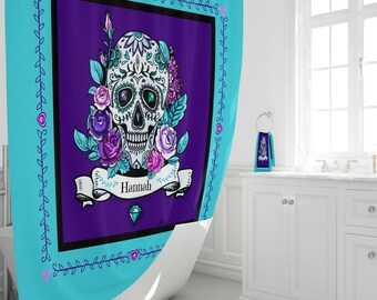 Personalized Shower Curtain, Sugar Skulls, Day Of The Dead, Bathroom Decor