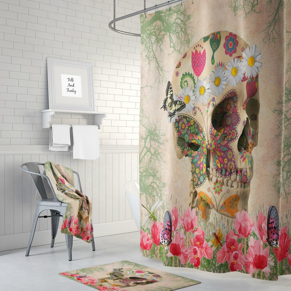 Sugar Skull Shower Curtain Day Of The Dead Retro Boho Etsy