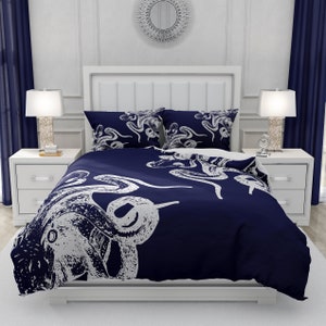 Navy Blue Octopus Comforter, Duvet Cover, Pillow Shams