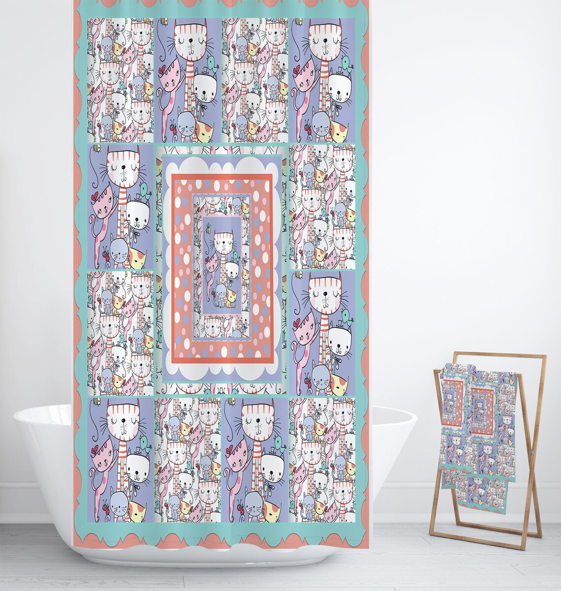 Cat Crazy Shower Curtain Quilt Style Design Optional Bath Etsy