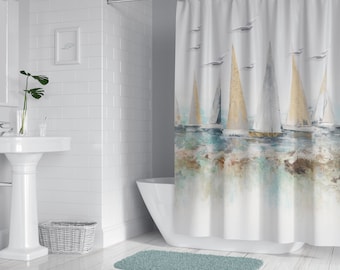 Coastal Shower Curtain with Set Options Watercolor Sailboats