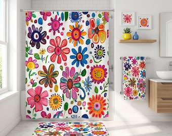 Bright Floral Shower Curtain – Colorful Boho Bloom for Cheerful & Artistic Bathroom Décor