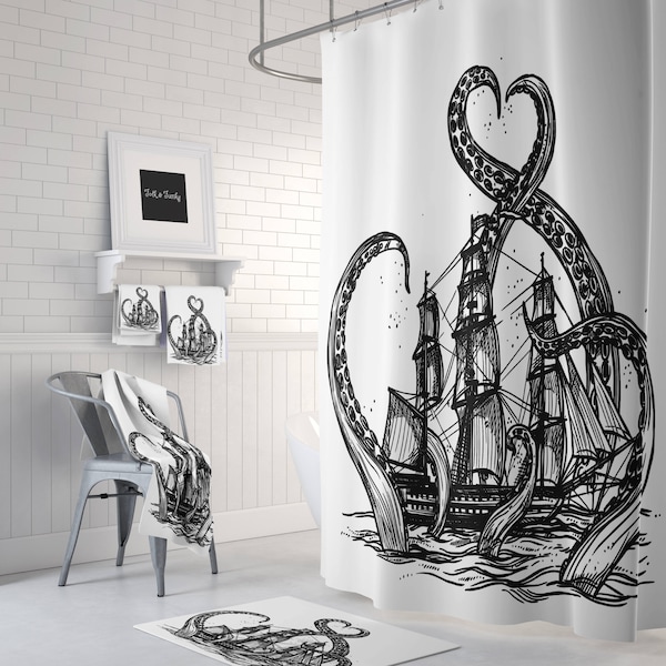 Kraken Shower Curtain Black and White