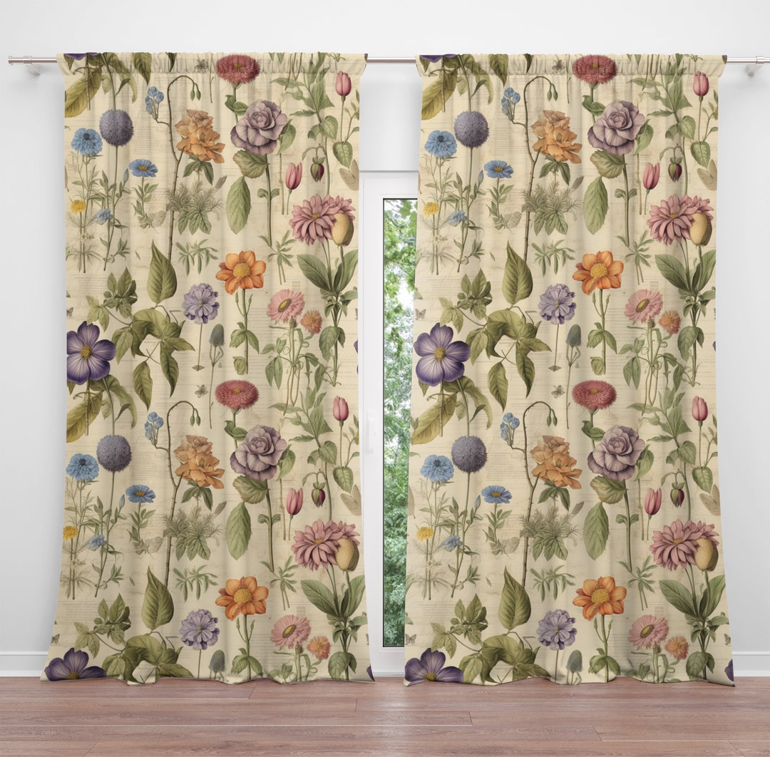 Cottagecore Beige Floral Window Curtains Many Size Style Etsy