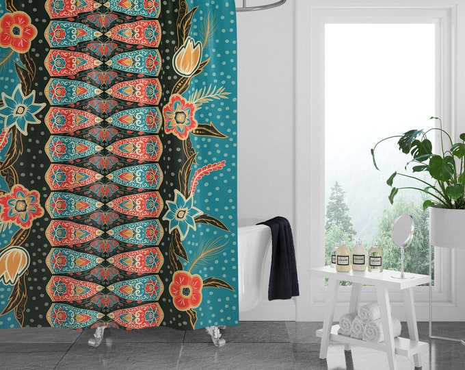 Southwest Turquoise Boho Shower Curtain Optional Towels and Mat