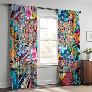 May include: A pair of colorful curtains with a patchwork design featuring paisley patterns, circles, and swirls in shades of blue, pink, yellow, orange, and green.