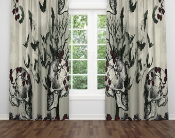 Gothic Skull Window Curtains, Curtain Panels With Bats, Skulls and Roses