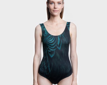 Crow - Digital Printed One Piece Swimsuit, Eco Swimsuit, Women's Swimsuit, Classic Cut Swimsuit, Beach Outfit, Bird Feather Print Swimsuit