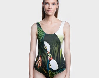Pigeons - One Piece Swimsuit, Women's swimsuit, Unique Beautiful Swimwear, Original Swimwear, Bird Print, Eco Friendly, Flattering Suit