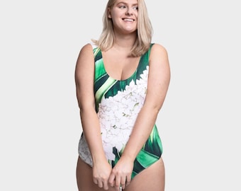 Orchid - One Piece Swimsuit, Bathing Women's Suit, Flower, Flower Print, Orchid Print, Green, White, Classic Cut Suit, Plus Size Available