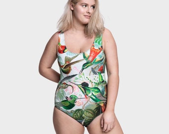 Hummingbird - Digital Printed One Piece Swimsuit/Classic Cut/Eco/Birds/Nature/Beachwear/Green/Trendy/Comfortable/Eye-catching/Elegant/Bright