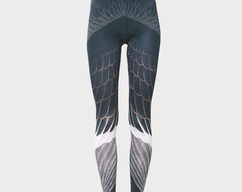 Vulture - Printed Leggings, Women's Leggings, Bird Feather Printed Leggings, Black Colourful Leggings, Everyday Outfit Style, Active Wear