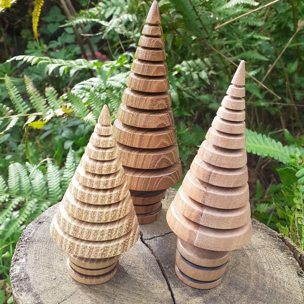 Handcrafted wooden Christmas trees turned  in Laburnum, Silver Birch and Kambala