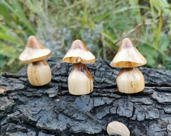 Hand crafted wooden toadstools turned from  reclaimed Yew set of three