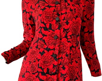 J New vintage silk floral suit flower jacket skirt black pink spring 1980/'s  A Bari 12