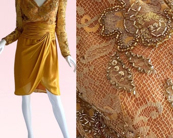 1970s Vintage Victoria Royal Beaded Sequin Dress, Metallic Gold Lame Silk Cocktail Wrap Dress Small